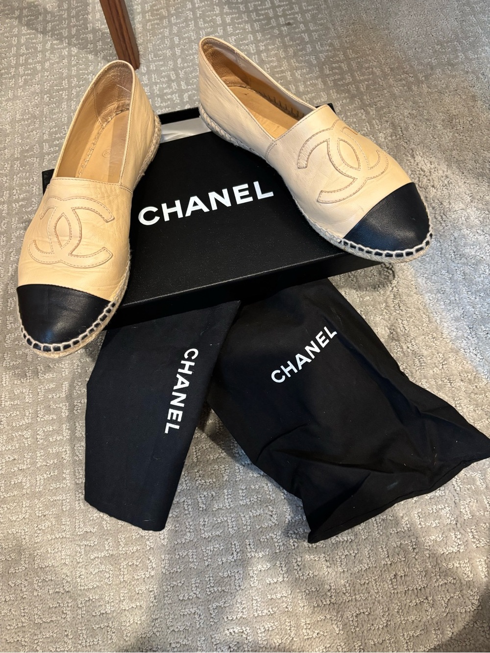 AUTHENTIC CHANEL Two-Tone Leather Espadrilles, Pre-loved, size 40 (8.5/9 US)